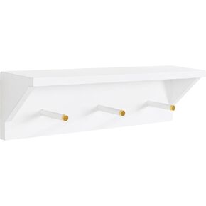 Kate and Laurel Adlynn Wood Wall Shelf with Pegs, 18 x 4 x 5, White, Functional Glam Storage Shelf with 3 Hooks