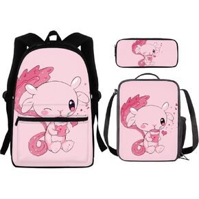 Axolotl School Backpack for Girls 6-8 with Lunch Box Cute School Bag and Lunchbox Set for Kindergarten Elementary School Kids Bookbags/Lunchboxes/Pencil Case 3 in 1