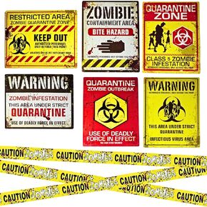 6 Warning Signs 11x14" with Caution Tape Roll 20 Feet - Halloween Zombie Party Decorations Halloween Indoor Outdoor Yard Signs Beware Danger Door Posters Haunted House Decor