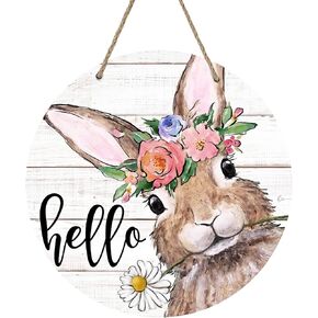 Deroro Hello Summer Easter Bunny Rabbit Sign for Front Door Decor, Daisy Flowers Wood Door Hanger for Outdoor Outside Porch, Spring Rustic Farmhouse Wooden Wreath Indoor Wall Hanging Decoration