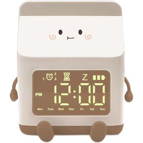 Kids Alarm Clock, Cute Milk Shape Design with Week, Power, Bedside Clock Desktop, Timer Display, Best Gift for Children