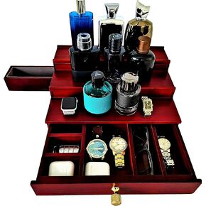 Cologne Organizer for Men - 3 Tier Wooden Cologne Stand for Men - Cologne Holder Display Shelf with Drawer 2 Felt Lined Hidden Compartment 1 Removable - Mens Cologne Organizer Black Gift