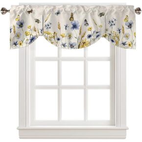 Butter-fly Leaves Tie Up Valance Curtain for Kitchen Living Room Bedroom Bathroom Cafe,Rod Pocket Short Window Drape Panel Adjustable Drapary Print,Elegant Fall Yellow Blue Yellow Daisy Beige 60"x18"