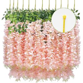 Light Pink Wisteria Hanging Flowers, 12 Pcs 3.6 Ft Fake Wisteria Flowers Garland with Ring Hanging, Artificial Wisteria Flower Vine String for Wedding Party Backdrop Home Wall Decorations