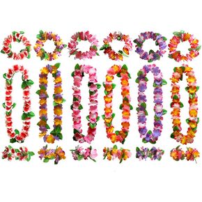 ALIMITOPIA Hawaiian Hula Leis sets Artificial Flowers Fabric Wreath Neck Loop Wristband Headband Dance Garland Leis Sets for Luau Party Costumes (6 sets,24 Pack)