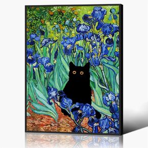 Van Gogh Irises Canvas Wall Art Famous Oil Paintings Garden Flower Black Cat Poster Funny Cat Floral Print Colorful Abstract Farmhouse Gallery Aesthetic Room Wall Decor for Bathroom 12x16in Unframed