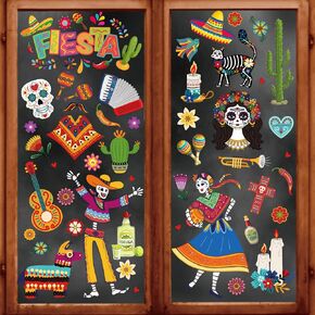 AnyDesign 9 Sheets Day of The Dead Window Clings Dia De Los Muertos Double-Sided Window Decals Mexican Fiesta Halloween Sugar Skull PVC Stickers for Cinco De Mayo Glass Windows Home Party Supplies