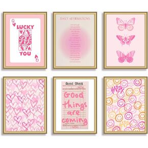 6 Pieces Pink and Orange Preppy Wall Art Queen Poker Halo Angel Digital Poster Tiger Heart You Look Good Yk2 Print Fashion Preppy Canvas Unframed Size: 8x10 inches
