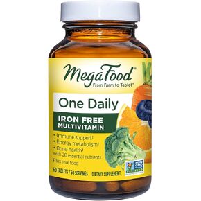 MegaFood One Daily Iron Free Multivitamin - Multivitamin for Women and Men - with Real Food - Immune Support Supplement - Bone Health - Energy Metabolism - Vegetarian; Non-GMO; No Iron - 60 Tablets