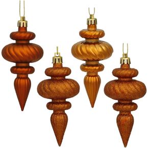 Vickerman 4" 4-Finish Finial Ornament, Shatterproof Plastic Christmas Tree Decoration, 8 Pack, Burnished Orange Shiny, Matte, Glitter and Sequin Finishes