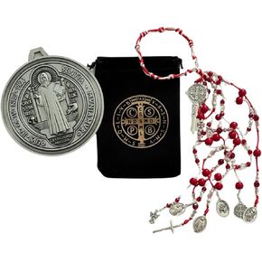 MUNIFICENCE SAINT BENEDICT RED HOME PROTECTION DOOR BLESSING WITH CHARMS AND A EXTRA LARGE SAINT BENEDICT SILVER MEDAL/PROTECCION DE CASA BENDICION ROJA DE PUERTA DE SAN BENITO Y UNA MEDALLA GRANDE