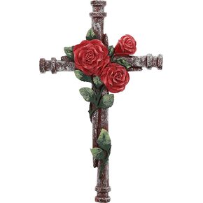 Top Brass Decorative Red Rose and Nails Floral Wall Cross - Spiritual Jesus Garden Art Decor