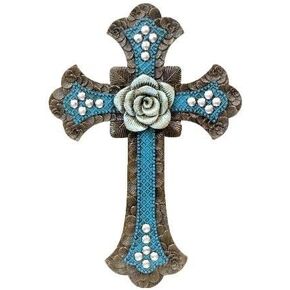 BestGiftEver Wall Cross with Cast Resin Teal Floral Pattern (Blue Rose Centerpiece) - Decorative Wall Hanging Spiritual Jesus Art Sculpture