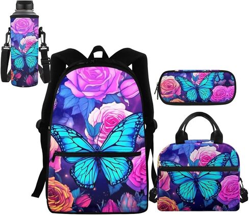 Butterfly Backpack for Girls 6-8 14-16 Kids School Bag Set with Lunchbox Pencil Case Water Bottle Sleeve Elementary Schoolbag Primary Middle School Bookbag Rose Back Pack in Saudi Arabia