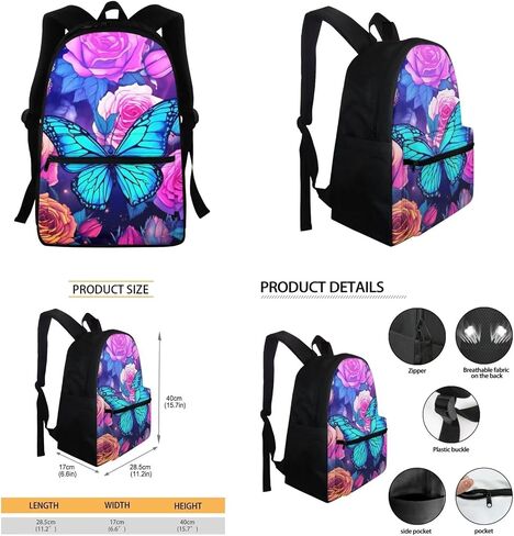 Butterfly Backpack for Girls 6-8 14-16 Kids School Bag Set with Lunchbox Pencil Case Water Bottle Sleeve Elementary Schoolbag Primary Middle School Bookbag Rose Back Pack in Saudi Arabia
