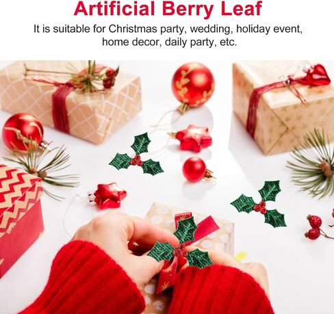 100pcs Artificial Holly Berry with Green Leaves Christmas Holly Berry Branches Headdress Decoration Accessories for DIY Hanging Ornament in Saudi Arabia