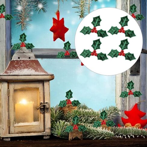 100pcs Artificial Holly Berry with Green Leaves Christmas Holly Berry Branches Headdress Decoration Accessories for DIY Hanging Ornament in Saudi Arabia