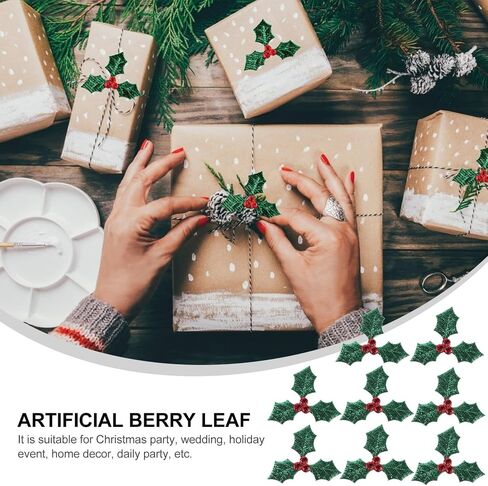100pcs Artificial Holly Berry with Green Leaves Christmas Holly Berry Branches Headdress Decoration Accessories for DIY Hanging Ornament in Saudi Arabia