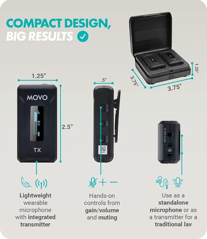 Movo WMX-2-DUO Wireless Lavalier Microphone Lapel Mic with Charging Case - Lav Mic, Wireless Lapel Microphone 2.4GHz Wireless Microphones for Camera, Lapel Mic Wireless for Vlogging, DSLR, Computer in Saudi Arabia