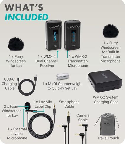 Movo WMX-2-DUO Wireless Lavalier Microphone Lapel Mic with Charging Case - Lav Mic, Wireless Lapel Microphone 2.4GHz Wireless Microphones for Camera, Lapel Mic Wireless for Vlogging, DSLR, Computer in Saudi Arabia