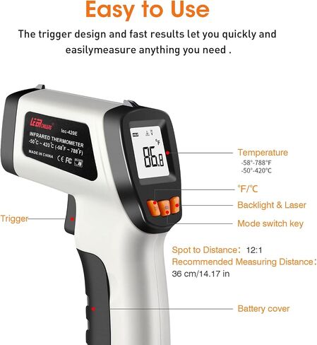 Infrared Thermometer -58°F ~ 752°F (Not for Human), LEERCHUANG Laser Temperature Gun for Pizza Oven, Non-Contact Laser Thermometer Gun with Adjustable Emissivity for Cooking/BBQ/Freezer in Saudi Arabia
