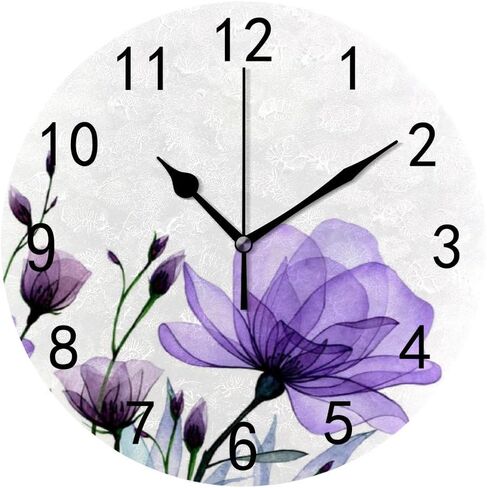 ZHONGJI Wall Clock PVC Purple Roses White Silent Non Ticking Decorative Battery Operated Accurate Home Kitchen Living Room Bedroom School 10 Inch in Saudi Arabia