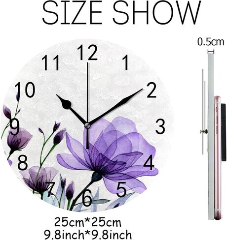 ZHONGJI Wall Clock PVC Purple Roses White Silent Non Ticking Decorative Battery Operated Accurate Home Kitchen Living Room Bedroom School 10 Inch in Saudi Arabia