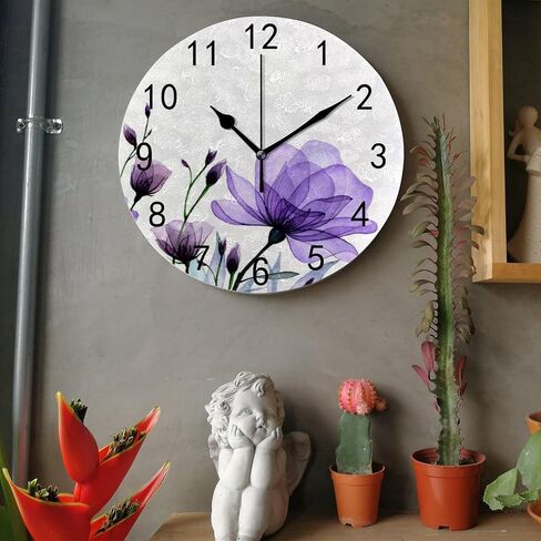ZHONGJI Wall Clock PVC Purple Roses White Silent Non Ticking Decorative Battery Operated Accurate Home Kitchen Living Room Bedroom School 10 Inch in Saudi Arabia