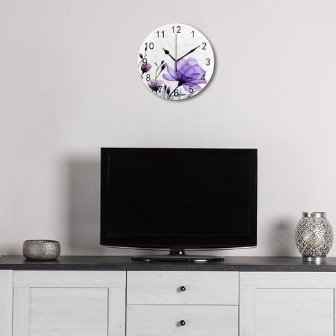 ZHONGJI Wall Clock PVC Purple Roses White Silent Non Ticking Decorative Battery Operated Accurate Home Kitchen Living Room Bedroom School 10 Inch in Saudi Arabia