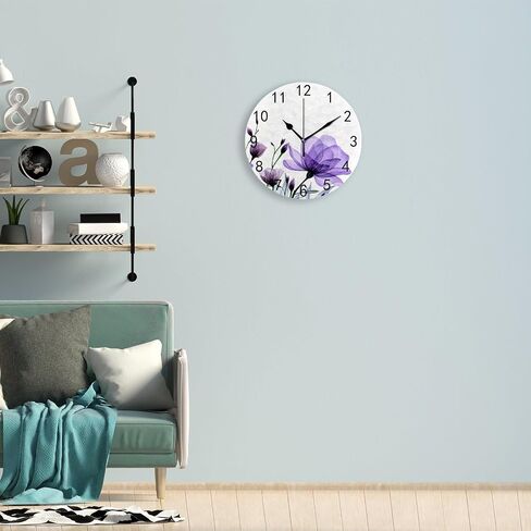 ZHONGJI Wall Clock PVC Purple Roses White Silent Non Ticking Decorative Battery Operated Accurate Home Kitchen Living Room Bedroom School 10 Inch in Saudi Arabia