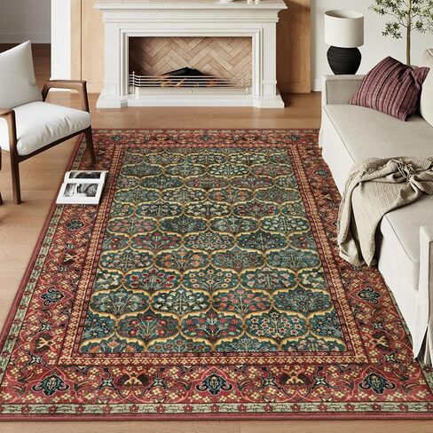 Lahome 8 x 10 Area Rugs for Living Room - Oriental Washable Non-Slip Large Rug Ultra-Thin Stain Resistant Dining Room Rugs for Under Table, Floral Vintage Print Carpet Rugs for Bedroom (Red, 8'x10') in Kuwait