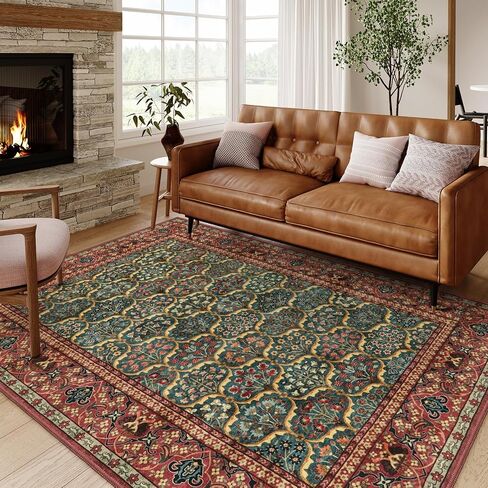 Lahome 8 x 10 Area Rugs for Living Room - Oriental Washable Non-Slip Large Rug Ultra-Thin Stain Resistant Dining Room Rugs for Under Table, Floral Vintage Print Carpet Rugs for Bedroom (Red, 8'x10') in Kuwait
