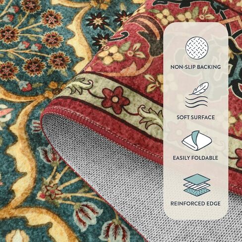 Lahome 8 x 10 Area Rugs for Living Room - Oriental Washable Non-Slip Large Rug Ultra-Thin Stain Resistant Dining Room Rugs for Under Table, Floral Vintage Print Carpet Rugs for Bedroom (Red, 8'x10') in Kuwait