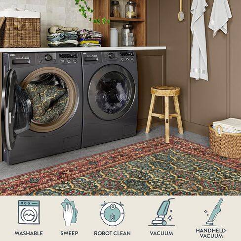 Lahome 8 x 10 Area Rugs for Living Room - Oriental Washable Non-Slip Large Rug Ultra-Thin Stain Resistant Dining Room Rugs for Under Table, Floral Vintage Print Carpet Rugs for Bedroom (Red, 8'x10') in Kuwait