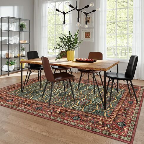 Lahome 8 x 10 Area Rugs for Living Room - Oriental Washable Non-Slip Large Rug Ultra-Thin Stain Resistant Dining Room Rugs for Under Table, Floral Vintage Print Carpet Rugs for Bedroom (Red, 8'x10') in Saudi Arabia