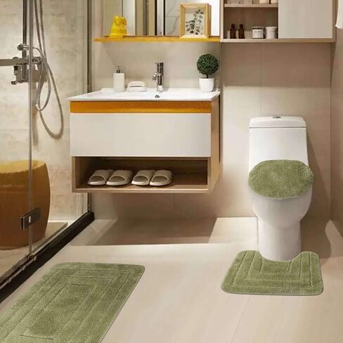 Golden Linens 3 Piece Bath Rug Set Solid Color Pattern Carved Extra Soft Touch and Absorbent Bathroom Rug (Bath mat 20" X 30" Contour 18" X 18" Lid Cover 20" X 20") #GL001 (Sage) in Saudi Arabia