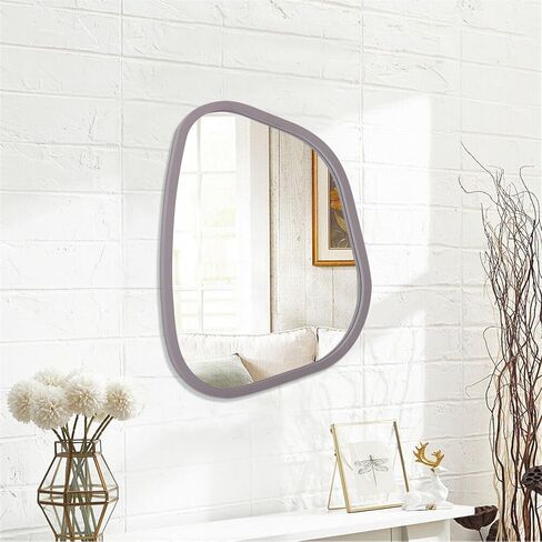 مرآة غير متناظرة لديكور الحائط كبيرة مقاس 16 بوصة × 12 بوصة مرآة حائط بإطار خشبي حديث بيضاوي الشكل فريد من نوعه تعلق على الحائط مرآة فنية متموجة ديكور لغرفة المعيشة وغرفة النوم والحمام باللون الرمادي in Kuwait