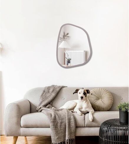 مرآة غير متناظرة لديكور الحائط كبيرة مقاس 16 بوصة × 12 بوصة مرآة حائط بإطار خشبي حديث بيضاوي الشكل فريد من نوعه تعلق على الحائط مرآة فنية متموجة ديكور لغرفة المعيشة وغرفة النوم والحمام باللون الرمادي in Kuwait