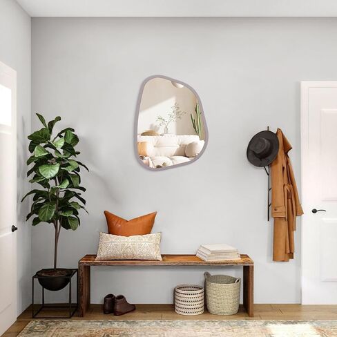 مرآة غير متناظرة لديكور الحائط كبيرة مقاس 16 بوصة × 12 بوصة مرآة حائط بإطار خشبي حديث بيضاوي الشكل فريد من نوعه تعلق على الحائط مرآة فنية متموجة ديكور لغرفة المعيشة وغرفة النوم والحمام باللون الرمادي in Kuwait