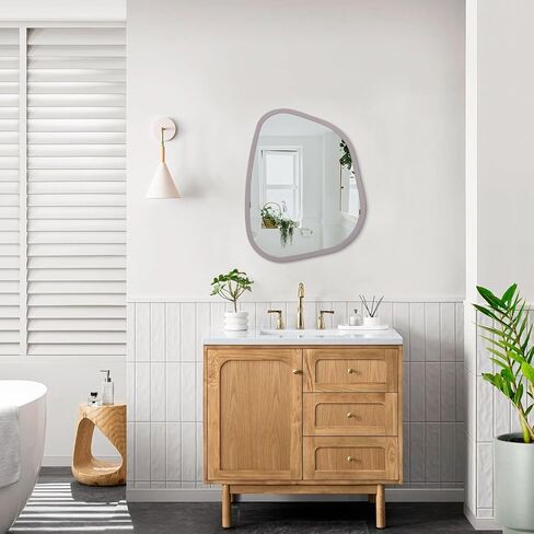 مرآة غير متناظرة لديكور الحائط كبيرة مقاس 16 بوصة × 12 بوصة مرآة حائط بإطار خشبي حديث بيضاوي الشكل فريد من نوعه تعلق على الحائط مرآة فنية متموجة ديكور لغرفة المعيشة وغرفة النوم والحمام باللون الرمادي in Kuwait