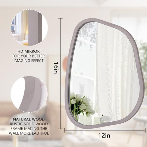 مرآة غير متناظرة لديكور الحائط كبيرة مقاس 16 بوصة × 12 بوصة مرآة حائط بإطار خشبي حديث بيضاوي الشكل فريد من نوعه تعلق على الحائط مرآة فنية متموجة ديكور لغرفة المعيشة وغرفة النوم والحمام باللون الرمادي in Kuwait