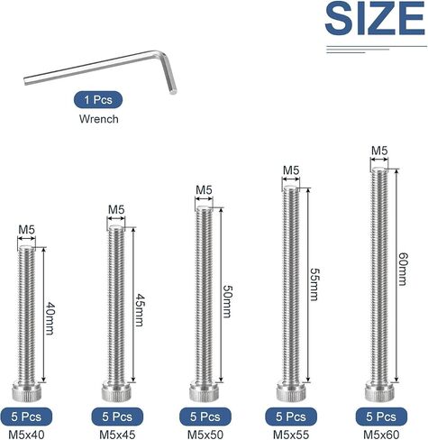 25Pcs M5 Metric Screw Assortment, M5 Bolts Socket Head Screws, 304 Stainless Steel M5x40/45/50/55/60mm Hex Socket Head Cap Screws Bolt Set with Wrench for 3D Printing DIY in Saudi Arabia