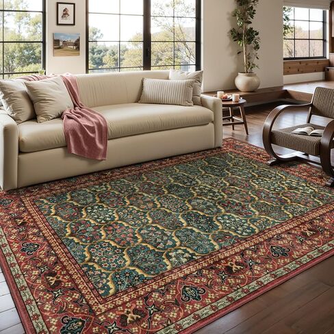 Lahome 8 x 10 Area Rugs for Living Room - Oriental Washable Non-Slip Large Rug Ultra-Thin Stain Resistant Dining Room Rugs for Under Table, Floral Vintage Print Carpet Rugs for Bedroom (Red, 8'x10') in Saudi Arabia