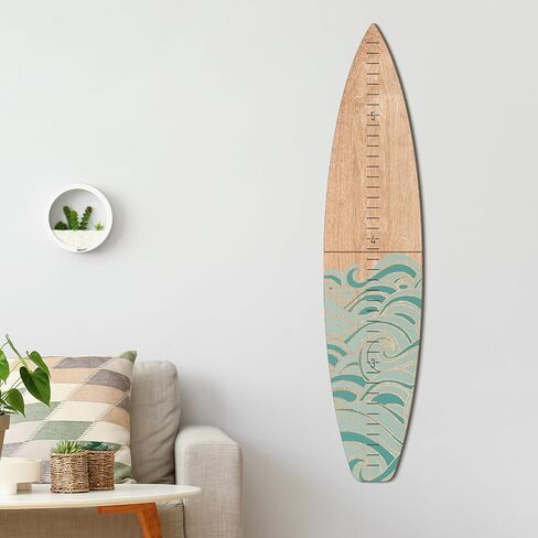 Wooden Surfboard Growth Chart Wall Mounted Kids Surfboard Growth Height Chart Ruler 9.5" Wide x 46'' Tall Hanging Wooden Growth Chart for Kids Nursery Bedrooms (Teal,Wave) in Saudi Arabia