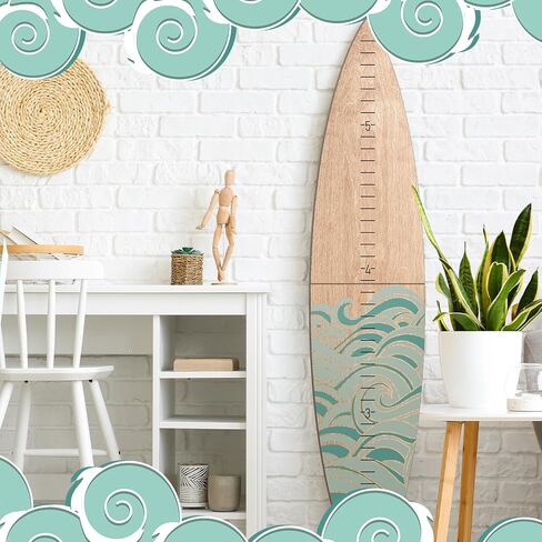 Wooden Surfboard Growth Chart Wall Mounted Kids Surfboard Growth Height Chart Ruler 9.5" Wide x 46'' Tall Hanging Wooden Growth Chart for Kids Nursery Bedrooms (Teal,Wave) in Saudi Arabia