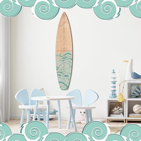 Wooden Surfboard Growth Chart Wall Mounted Kids Surfboard Growth Height Chart Ruler 9.5" Wide x 46'' Tall Hanging Wooden Growth Chart for Kids Nursery Bedrooms (Teal,Wave) in Saudi Arabia
