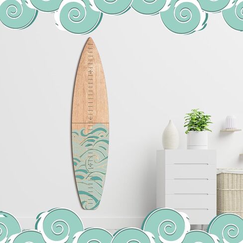 Wooden Surfboard Growth Chart Wall Mounted Kids Surfboard Growth Height Chart Ruler 9.5" Wide x 46'' Tall Hanging Wooden Growth Chart for Kids Nursery Bedrooms (Teal,Wave) in Saudi Arabia