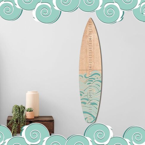 Wooden Surfboard Growth Chart Wall Mounted Kids Surfboard Growth Height Chart Ruler 9.5" Wide x 46'' Tall Hanging Wooden Growth Chart for Kids Nursery Bedrooms (Teal,Wave) in Saudi Arabia
