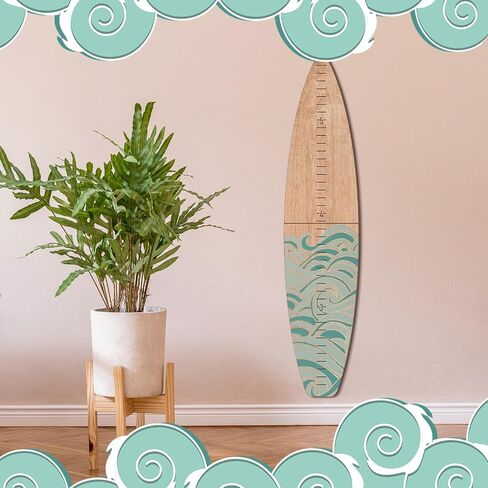 Wooden Surfboard Growth Chart Wall Mounted Kids Surfboard Growth Height Chart Ruler 9.5" Wide x 46'' Tall Hanging Wooden Growth Chart for Kids Nursery Bedrooms (Teal,Wave) in Saudi Arabia