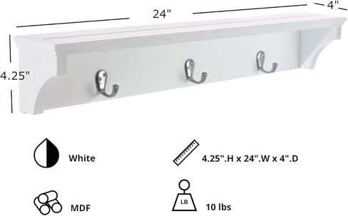 Kiera Grace Finley Floating Shelf, Modern Wall Mounted Hanging Shelf with 3 Metal Hooks for Home, Office, 24", White, 1Pack in Kuwait